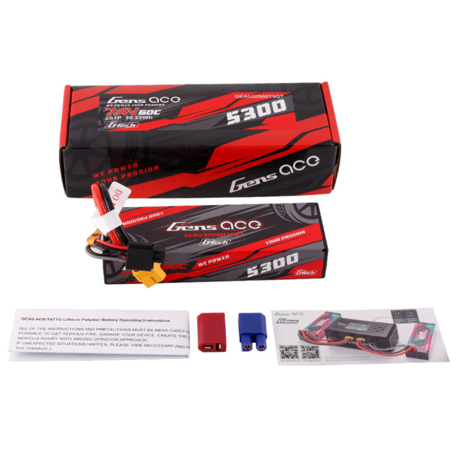 Gens Ace 2S / 5300mAh / 60C / 7.4V / G-Tech / XT60 (EC3 & Dean Adapters) HardCase LiPo Battery