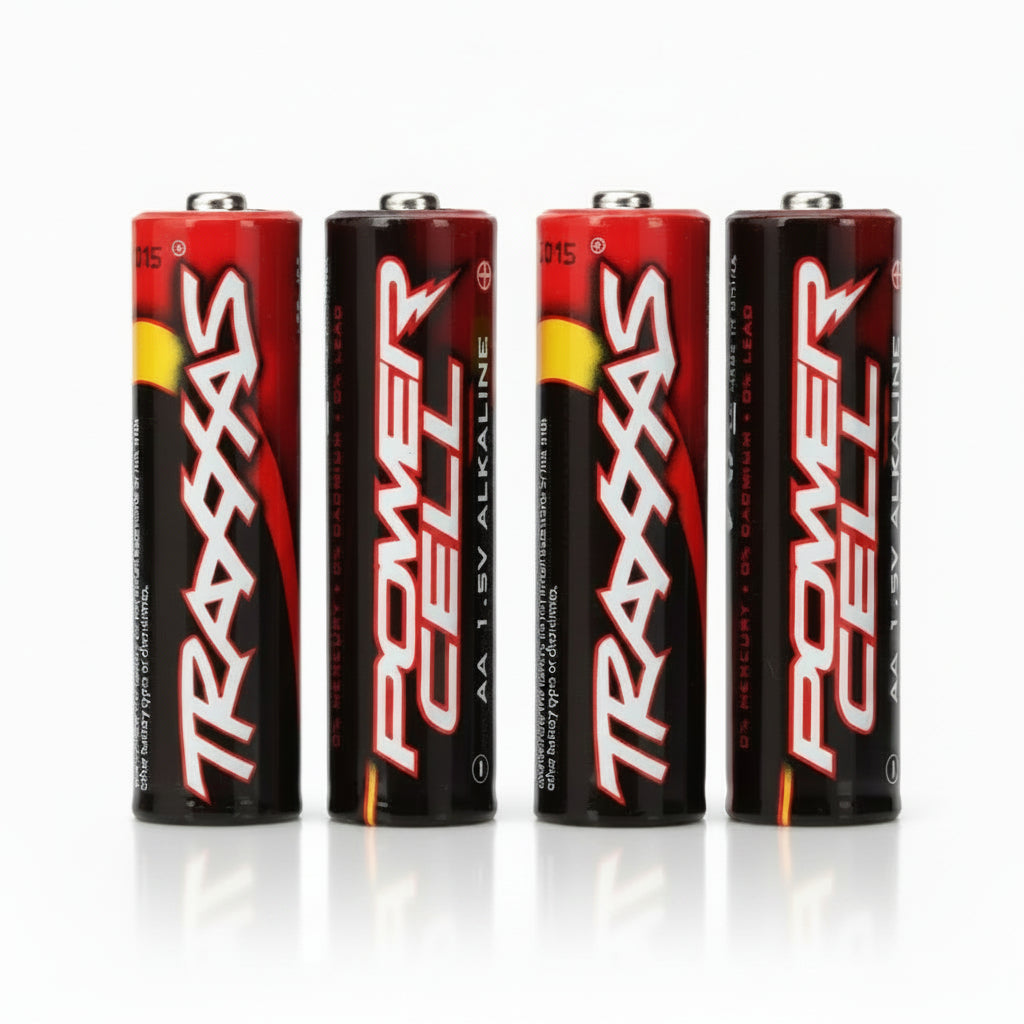 Four Traxxas Power Cell batteries on a white background
