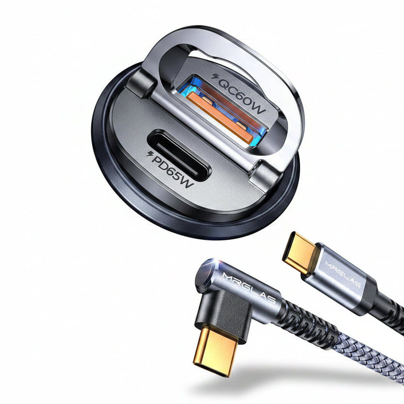 MRGLAS 125W Car Charger with USB-C Cable (USB PD65W & QC60W / Metal Flush-Fit / 1pc)