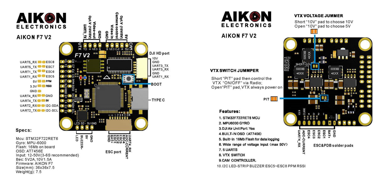 Aikon F7 HD V2 Flight Controller (30x30 / 5 UARTS / 2-6S)