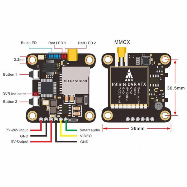 AKK Infinite DVR 5.8GHz Analog Video Transmitter (30x30mm / 1000mW / MMCX to SMA)
