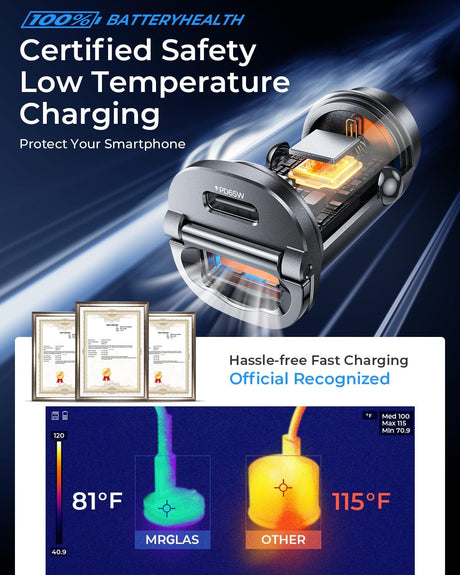 MRGLAS 125W Car Charger with USB-C Cable (USB PD65W & QC60W / Metal Flush-Fit / 1pc)