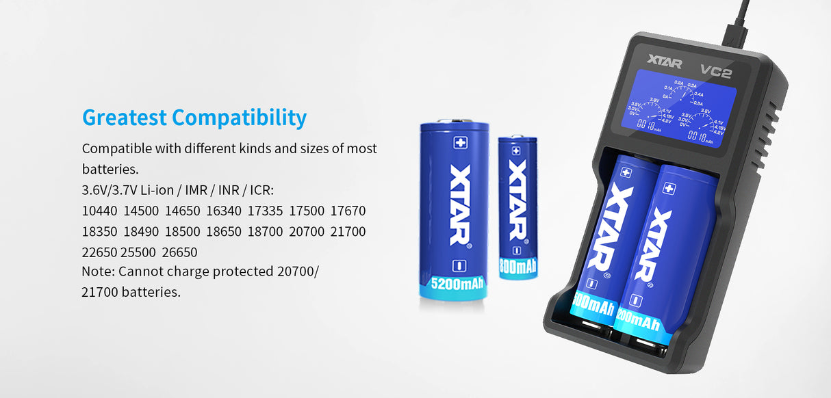 XTAR VC2 Digital Li-Ion Battery Charger (5V / Dual-Bay / USB)